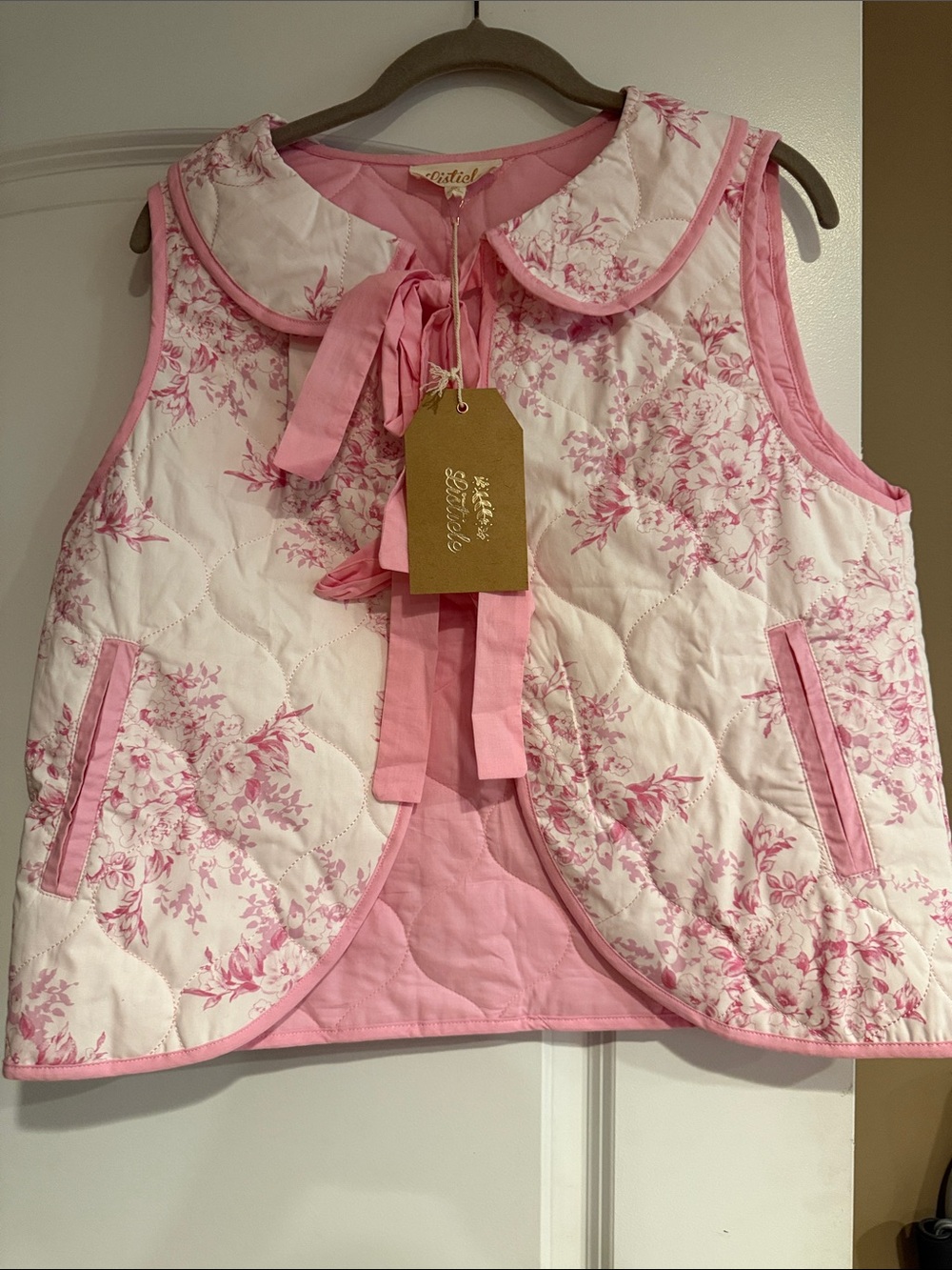 Listicle Pink Floral Quilted Vest with Ribbon Tie
